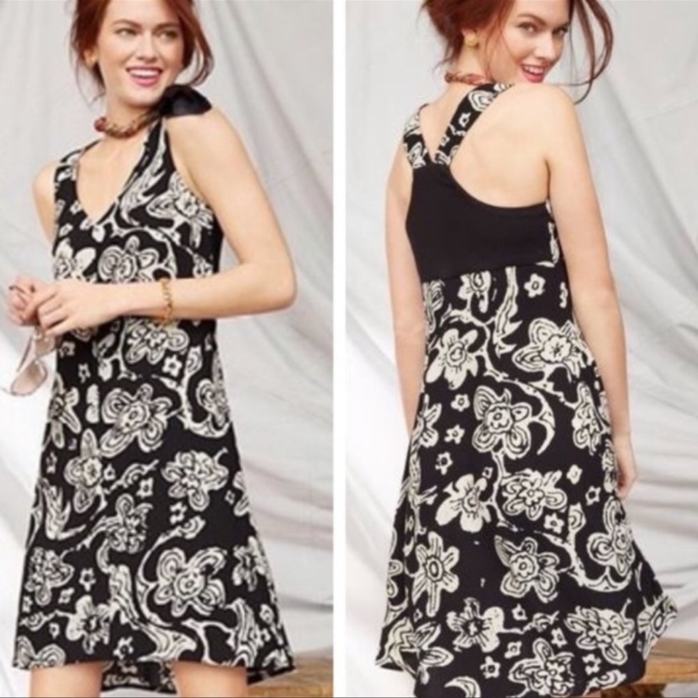 CAbi Padma Floral Black and White V-neck Racerback A-line Dress
